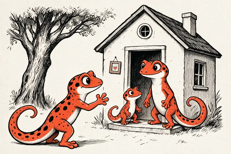 Deux geckos adultes et un gecko juvénile se retrouvent devant leur petite maison, dans le style illustré Refbax