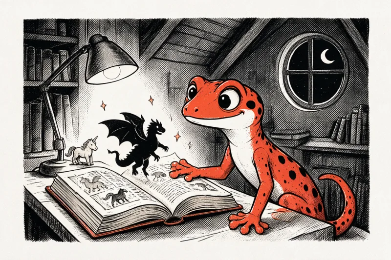 Le Gecko lit à la lampe un grand livre de créatures fantastiques d’où s’échappe un petit dragon noir, une licorne posée à côté, dans un cabinet de curiosités sous une fenêtre ronde et un croissant de lune, dessiné à l’encre noire et orange.