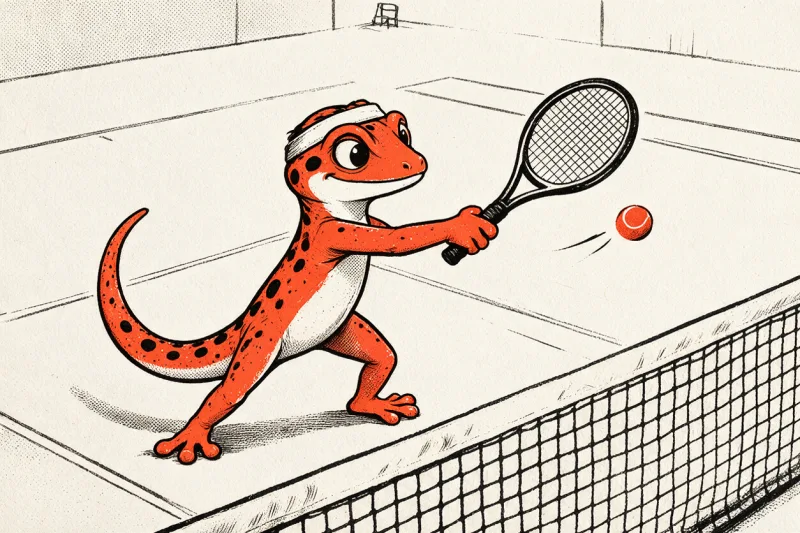 Un gecko orange tacheté de noir, bandeau ivoire sur la tête, frappe une balle orange avec sa raquette au bord du filet d'un court de tennis, dessiné à l'encre noire et orange sur papier ivoire.