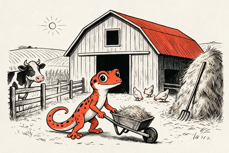 Le gecko pousse une brouette de foin devant une grange au toit orange, une vache derrière la clôture et trois poules près d'une botte de foin, dessinés à l'encre noire et orange.