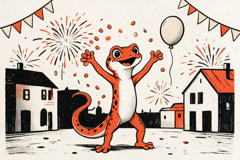Le gecko lance des confettis au milieu d’une place de village en fête, entre fanions, ballon et feux d’artifice, dans le style illustré Refbax