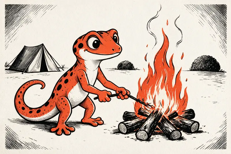 Le Gecko attise un feu de camp orange avec une petite branche, devant une tente, des bûches noires et deux buissons, dessinés à l’encre noire et orange.