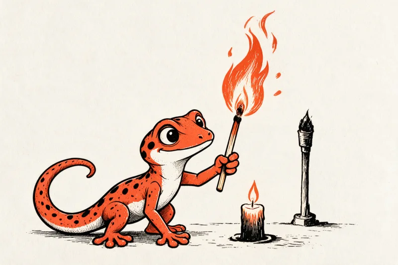 Le Gecko tient une allumette craquée dont la grande flamme lance des étincelles, près d’une bougie allumée et d’une torche, dessinés à l’encre noire et orange.