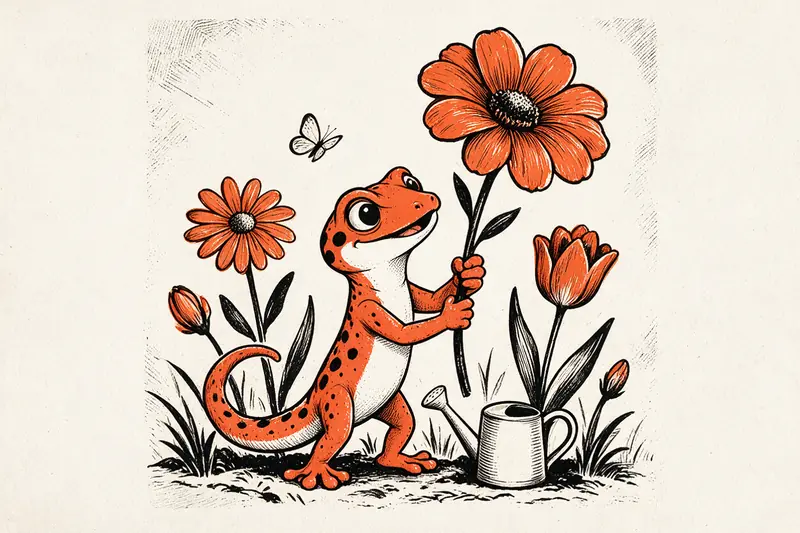 Le gecko jardinier soulève une grande fleur orange épanouie dans un parterre garni de fleurs variées, de boutons et d’un arrosoir, dessiné à l’encre noire et orange.