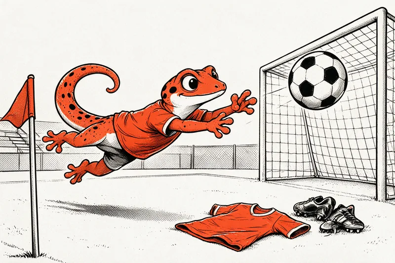 Le gecko gardien de but plonge vers un ballon devant un but au filet apparent, avec un drapeau de corner, un maillot et des crampons, dessinés à l'encre noire et orange.