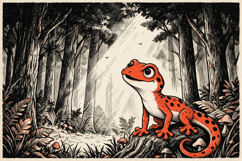 Le Gecko juché sur une souche au bord d’une clairière forestière, entouré de fougères et de champignons, sous de grands troncs et une canopée hachurée traversée d’un rayon de lumière, dessiné à l’encre noire et orange.
