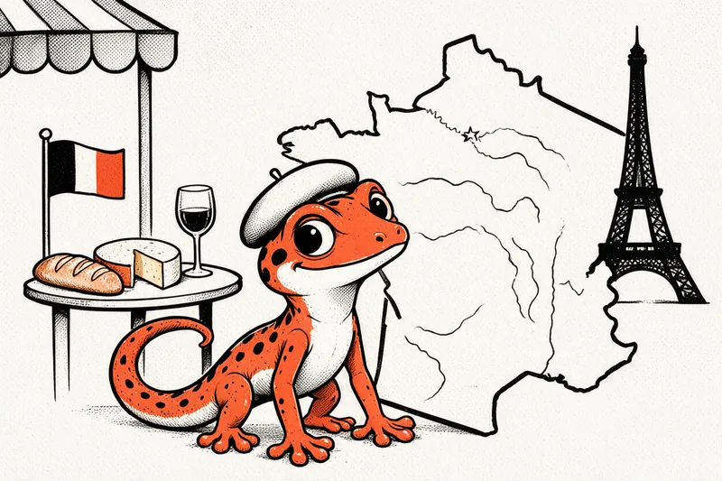 Le gecko coiffé d'un béret devant une carte hexagonale de la France, la tour Eiffel en arrière-plan et, sur une table de café, une baguette, un fromage et un verre de vin, dessinés à l'encre noire et orange.