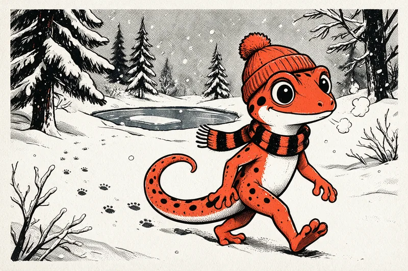 Le Gecko marche dans la neige en bonnet à pompon et écharpe orange, son haleine visible, entre sapins enneigés, un étang gelé et des branches givrées, dessiné à l’encre noire et orange.