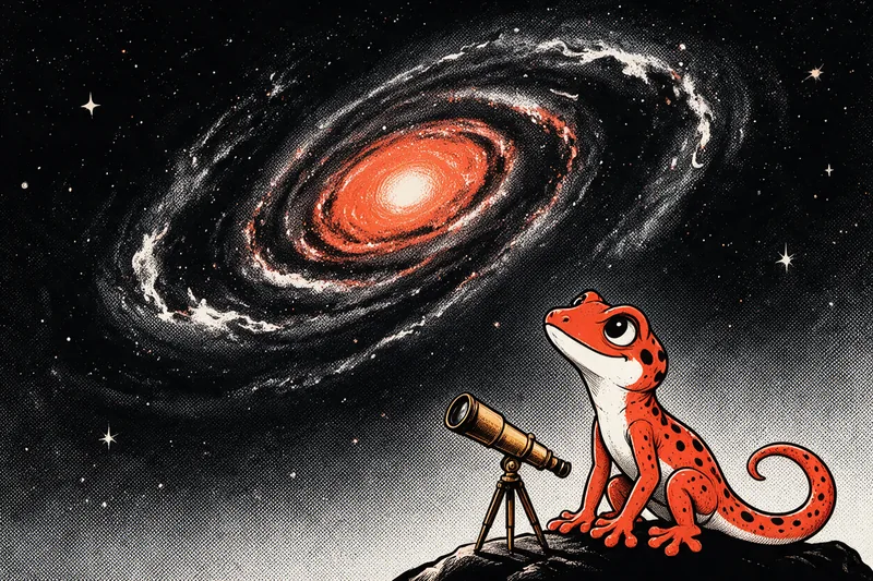 Le Gecko observant à travers un télescope une immense galaxie spirale au cœur orange, dessinée à l'encre noire et orange sur un ciel étoilé.