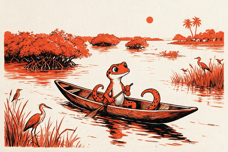 Le Gecko pagaye debout dans une pirogue africaine sur le fleuve Gambie : mangroves oranges aux racines noires, hérons et oiseaux dans les roseaux, rive basse avec palmes et village de pêcheurs, soleil rond, dessiné à l’encre noire et orange.