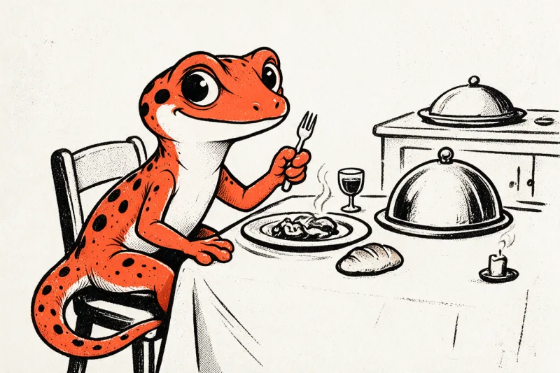 Le gecko déguste un repas servi à une table nappée, fourchette levée, entre assiette fumante, verre, pain, cloches et bougie, dans le style illustré Refbax
