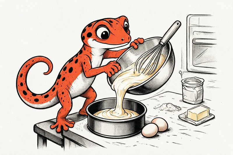 Le Gecko, debout sur un tabouret, verse la pâte lisse du saladier dans un moule à manqué posé sur le plan de travail ; autour, un fouet, un pot de yaourt ouvert, deux œufs, du beurre et de la farine, devant un four fermé, dessin à l’encre noire et orange.