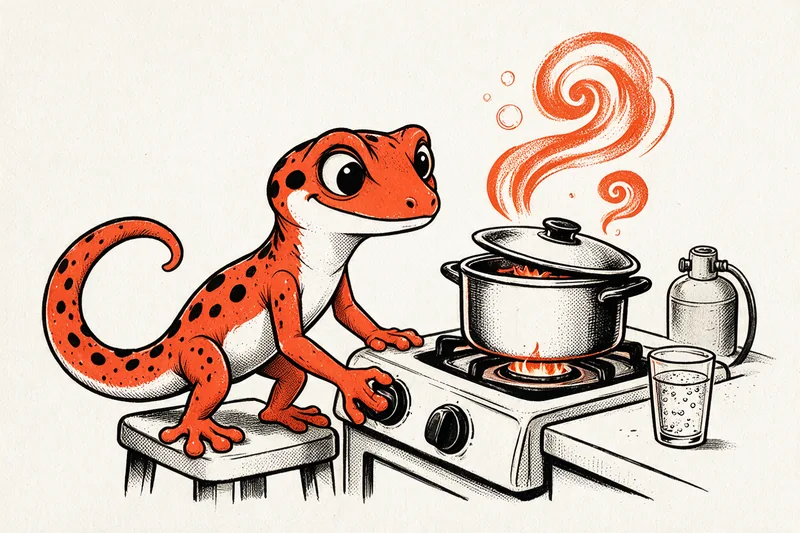 Le Gecko ajuste le robinet d'un brûleur de cuisinière surmonté d'une casserole, tandis que des volutes de vapeur et des bulles s'élèvent, dessinés à l'encre noire et orange.