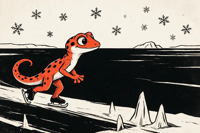 Le Gecko en patins à glace file sur un lac gelé sous des cristaux de neige, un iceberg à l’horizon et des stalactites au premier plan, dessinés à l’encre noire et orange.