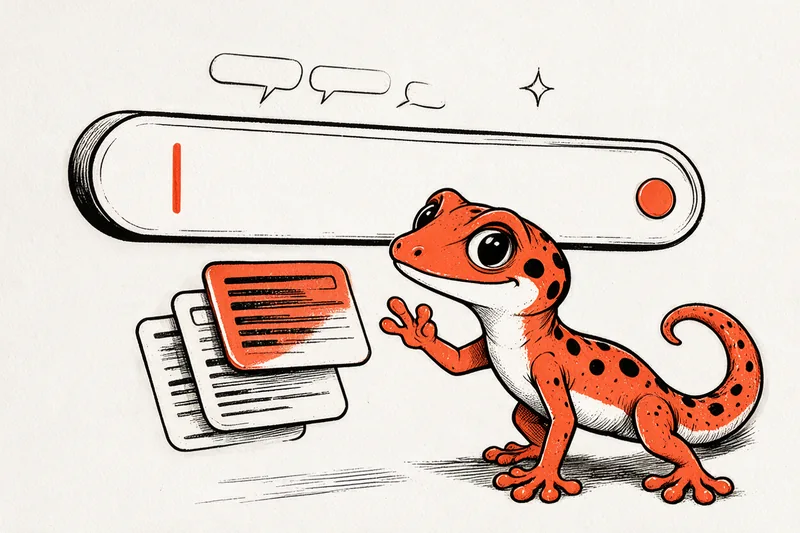 Gecko orange tacheté de noir levant une patte vers une immense barre de recherche arrondie vide, bulles de suggestion au-dessus et pile de cartes de résultats à ses côtés