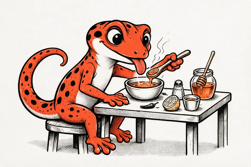 Le Gecko, assis à une table de cuisine, goûte à la cuillère une soupe fumante entourée d’un citron coupé, d’un piment, d’une salière et d’un pot de miel, dessinés à l’encre noire et orange.