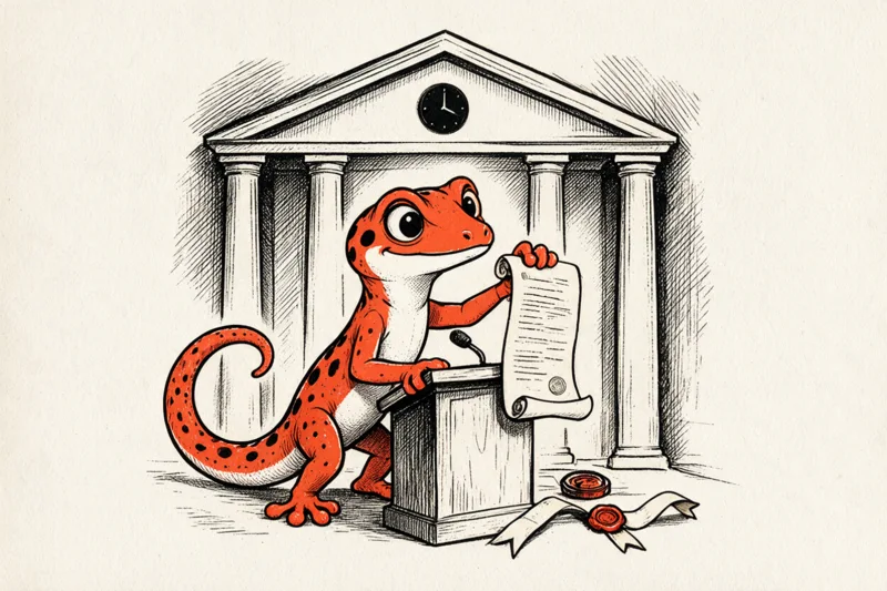 Le Gecko orateur tient un décret déroulé derrière une tribune, devant une colonnade à fronton et une horloge, sceaux de cire orange au sol, dessin à l’encre noire et orange.