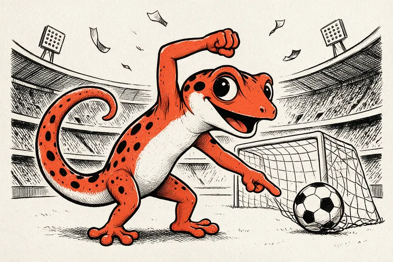 Le Gecko célèbre un but, un bras plié au-dessus de la tête, devant le ballon immobile dans les filets d’un but de football, dans un stade dessiné à l’encre noire et orange.