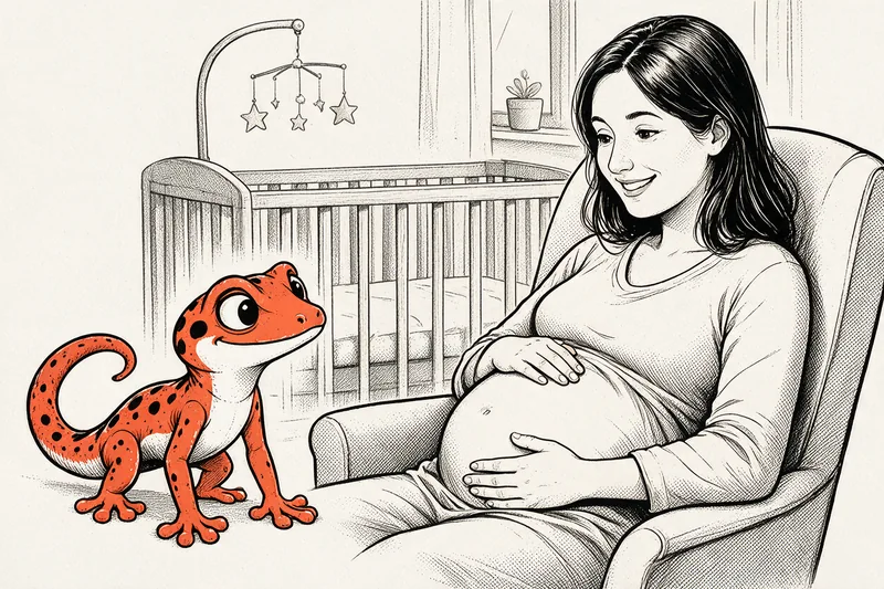 Le Gecko observe une future maman assise, les mains posées sur son ventre, près d’un berceau et d’un mobile d’étoiles, dessinés à l’encre noire et orange.