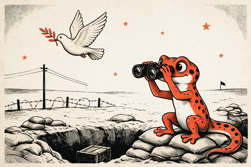 Le Gecko observe l’horizon avec des jumelles depuis des sacs de sable, tandis qu’une colombe au rameau d’olivier survole les barbelés, dessinés à l’encre noire et orange.