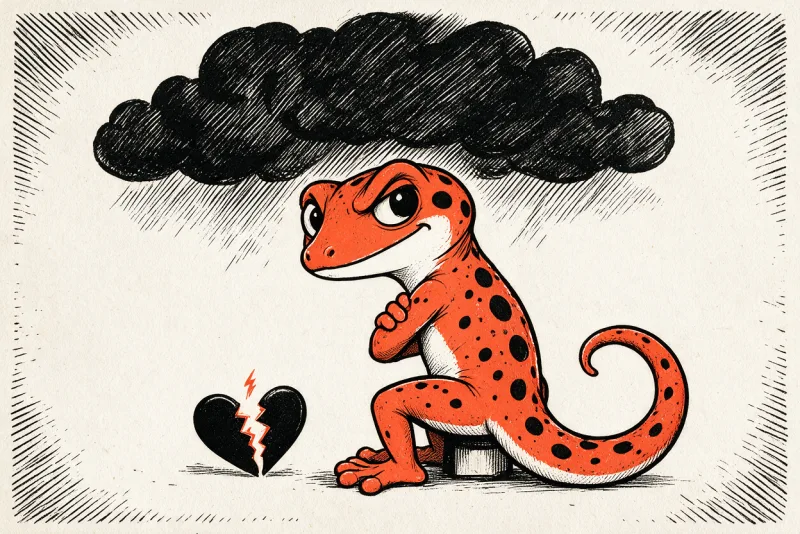 Le Gecko assis de trois quarts dos sur un tabouret, bras croisés et sourcil froncé, fixe un cœur noir fendu en deux par un éclair orange sous un nuage d’encre hachurée, en linogravure noire et orange sur fond ivoire.