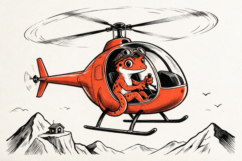 Le gecko aux commandes d'un hélicoptère de secours orange survole des montagnes stylisées, rotor principal dessiné en arc de rotation, à l'encre noire et orange.