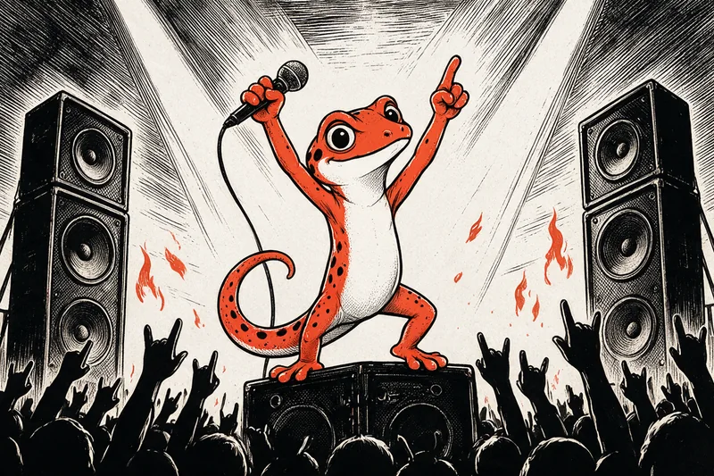 Le Gecko en chanteur de metal, un bras levé tenant un micro, debout sur une enceinte entre deux tours de son, au-dessus d’une foule qui lève des mains en signe de cornes, dessiné en noir et orange.
