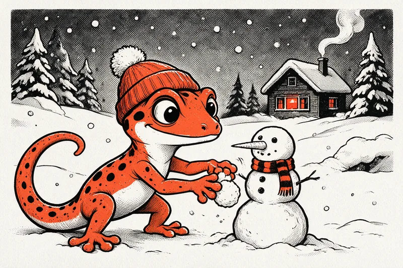 Le Gecko, en bonnet à pompon orange, roule une boule de neige à côté d'un bonhomme de neige écharpé, devant un chalet aux fenêtres éclairées, sous des sapins enneigés et un ciel étoilé de flocons, dessiné à l'encre noire et orange.