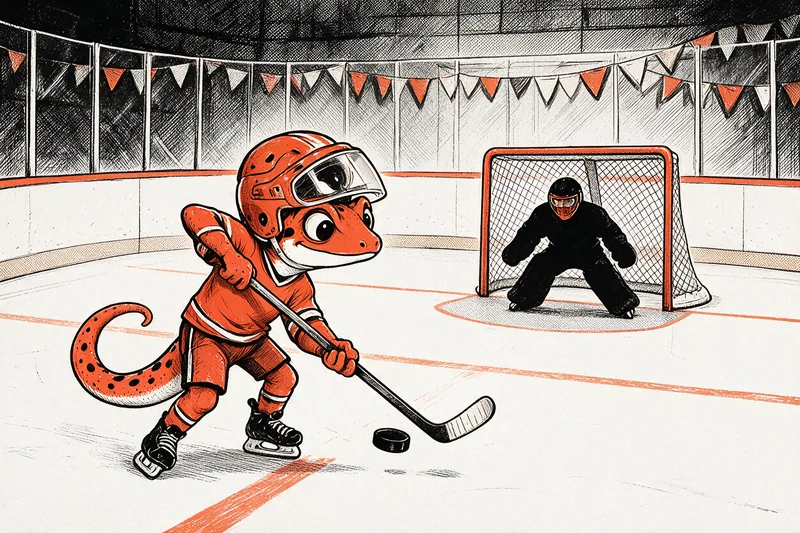 Le Gecko, casque orange à visière relevée sur la tête, crosse en main, s'apprête à frapper un palet face au gardien noir devant sa cage, sur une patinoire aux lignes orange.