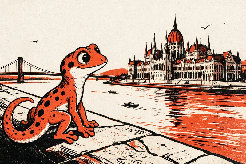 Le Gecko assis sur une berge pavée regarde le Danube, avec un pont suspendu et un grand parlement à dôme et flèches gothiques sur la rive opposée, dessinés à l'encre noire et orange.