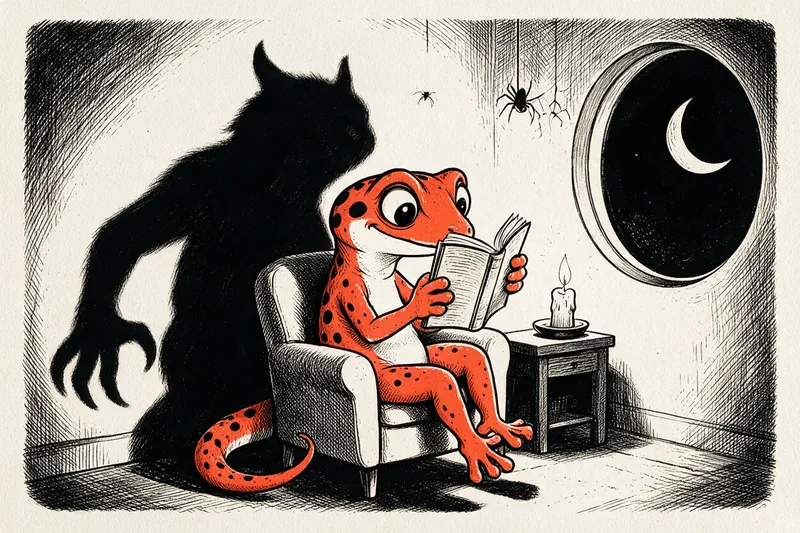 Le Gecko lit un livre les yeux écarquillés sur un fauteuil, la flamme d'une bougie projetant une immense ombre de monstre à cornes sur le mur, dessiné à l'encre noire et orange.