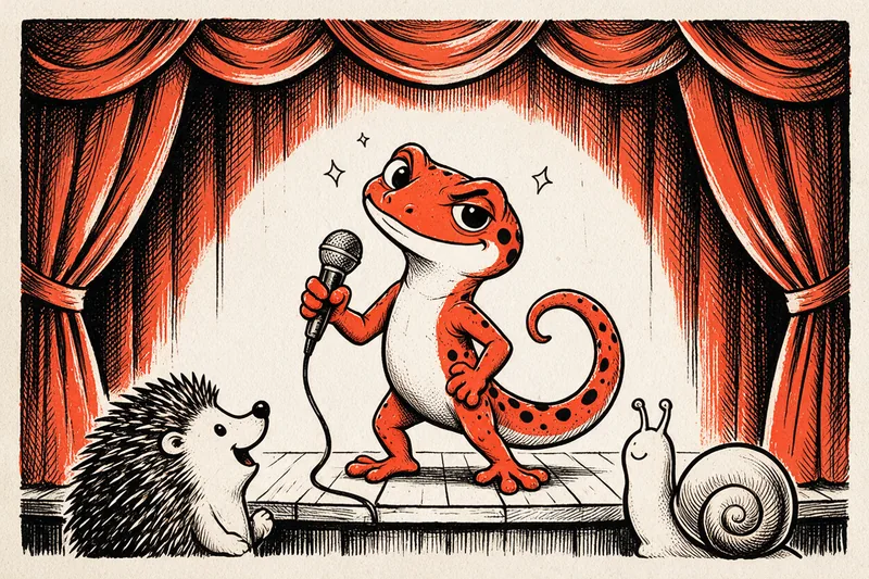 Le Gecko comédien tient un micro sur une scène de cabaret devant un rideau orange, un hérisson et un escargot hilares, dessin à l'encre noire et orange.