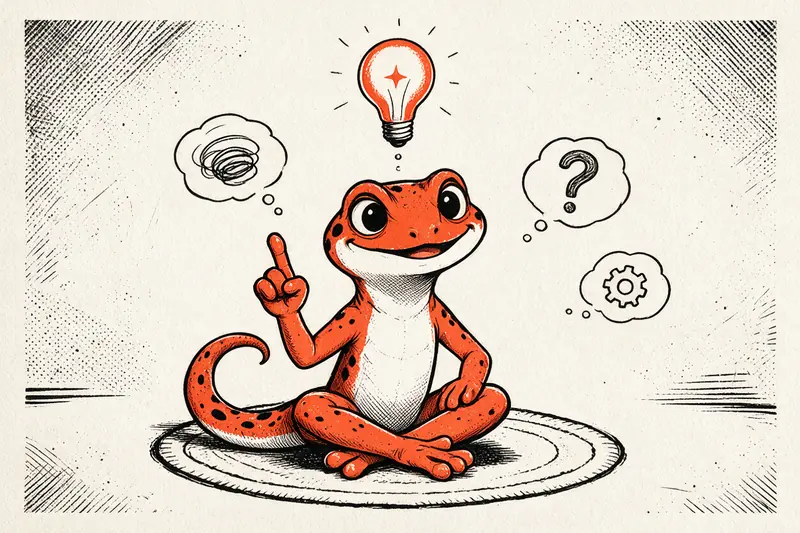 Le Gecko, assis en tailleur sur un tapis rond, lève un doigt sous une ampoule orange allumée, entouré de bulles de pensée, dessin à l’encre noire et orange.