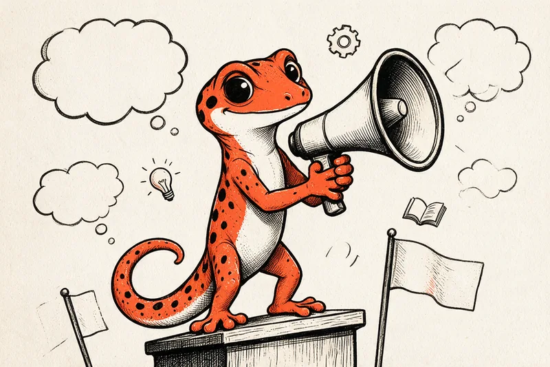 Le gecko debout sur une caisse tient un mégaphone, entouré de bulles de pensée vides, d’une ampoule, d’un engrenage, d’un livre ouvert et de deux drapeaux sans emblème, dessinés à l’encre noire et orange.