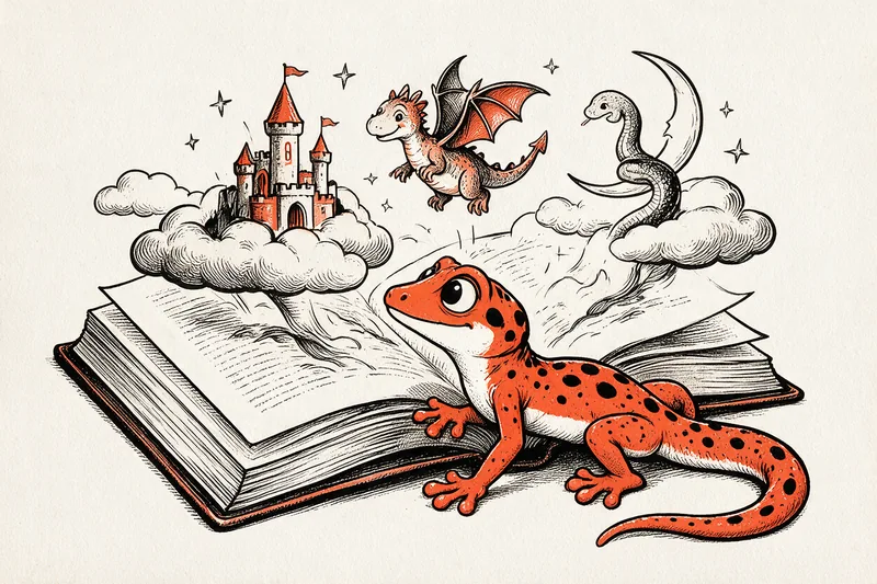 Le Gecko, perché sur un grand livre ouvert, regarde s’élever un monde rêvé : château sur un nuage, dragon et serpent de mer autour d’un croissant de lune, dessinés à l’encre noire et orange.