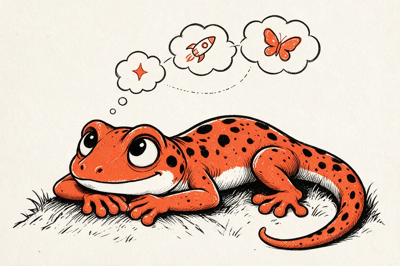 Le Gecko allongé dans l’herbe, l’œil rêveur : trois nuages de pensée abritent une étoile, une fusée et un papillon orange, dessinés à l’encre noire.