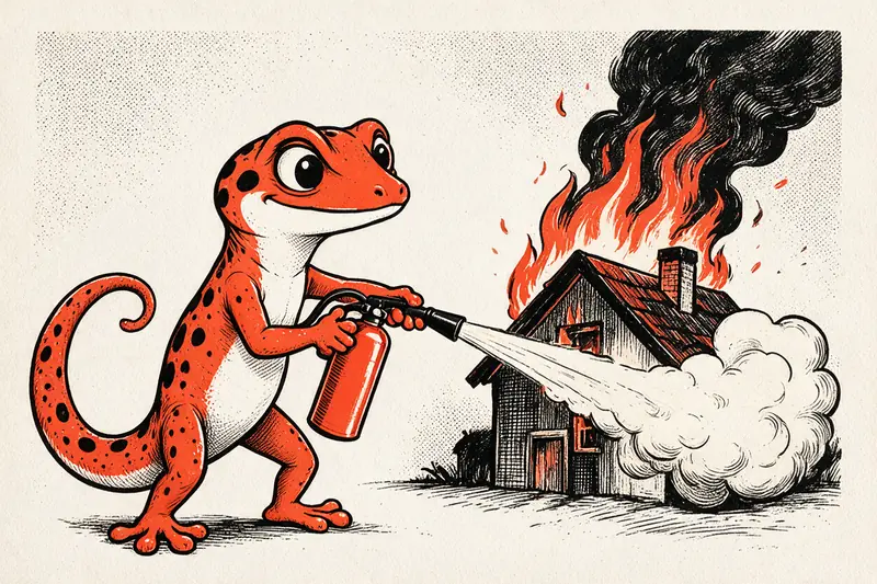 Le Gecko arrose de son extincteur une maison en flammes, illustration à l’encre noire et orange.
