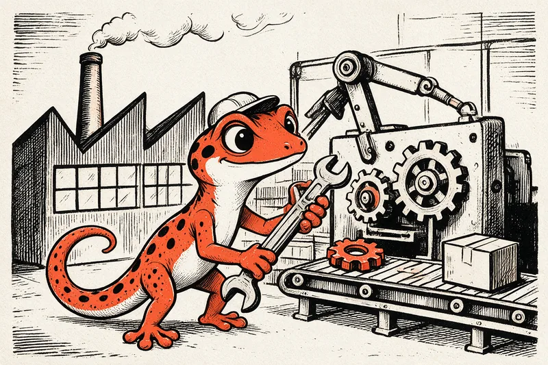Le gecko en casquette tient une clé à molette devant un tapis roulant, un bras robotisé et une usine à toits en dents de scie, dessinés à l’encre noire et orange.
