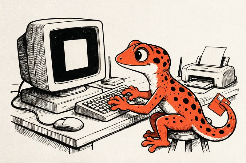 Un gecko orange tape sur le clavier d'un ordinateur rétro entouré d'une souris, d'une imprimante, d'un routeur et d'une disquette