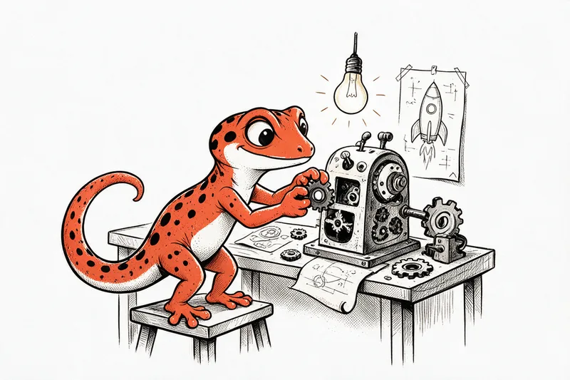 Le Gecko inventeur ajuste les engrenages d’une machine farfelue sur son établi, une ampoule lumineuse au-dessus et un plan de fusée épinglé au mur, dessin à l’encre noire et orange.