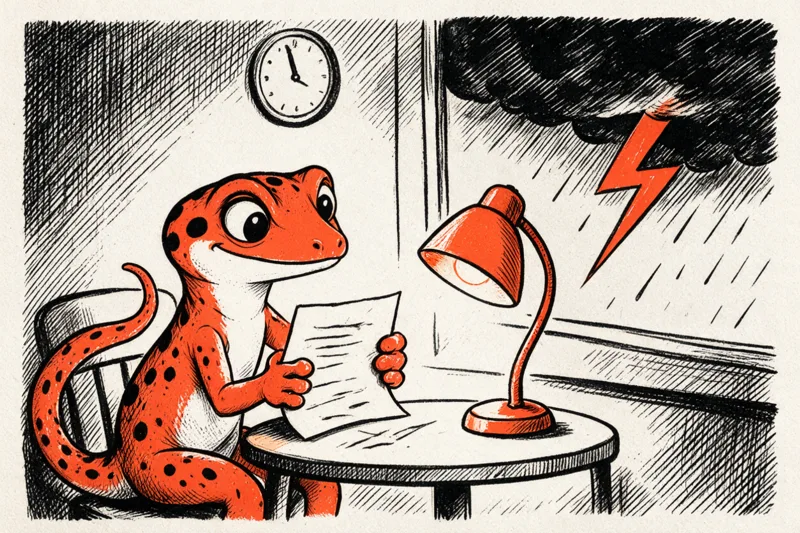 Le Gecko assis de nuit sous sa lampe orange, une lettre à la main, l’horloge au mur et un orage derrière la fenêtre, dessin à l’encre noire et orange.