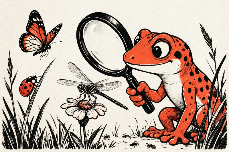 Le Gecko observe à la loupe une libellule, un papillon et une coccinelle posés sur des fleurs, dans une prairie dessinée à l'encre noire et orange.