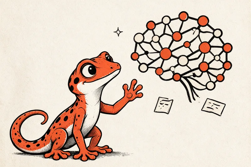 Le Gecko tend une patte vers un réseau de nœuds connectés flottant devant lui, en encre noire et orange.