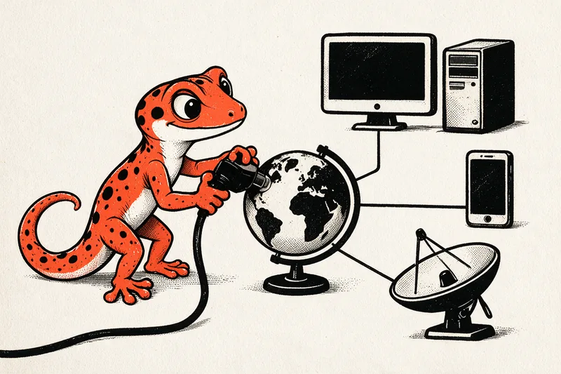 Le Gecko branche un gros câble dans un globe terrestre relié par des lignes à un ordinateur, un téléphone et une antenne parabolique, dessin à l'encre noire et orange.