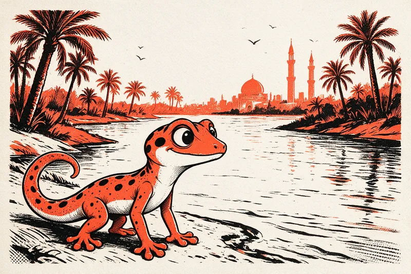 Le Gecko voyageur au bord du Tigre regarde le fleuve et les palmiers dattiers devant la skyline de Bagdad et ses minarets, dessinée à l'encre orange et noire.