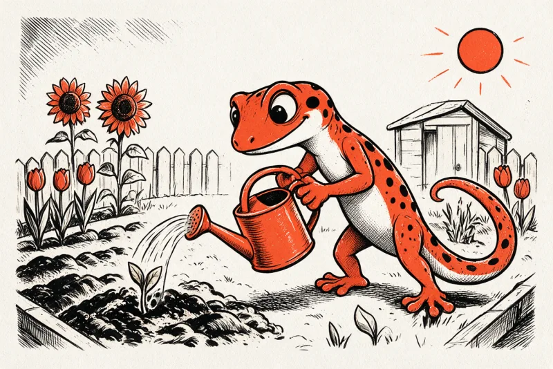 Le gecko arrose un jeune plant à l’arrosoir orange dans un petit jardin clos d’une clôture ivoire, avec tulipes, tournesols, cabane de jardin et soleil orange, en linogravure noire et orange sur fond ivoire.