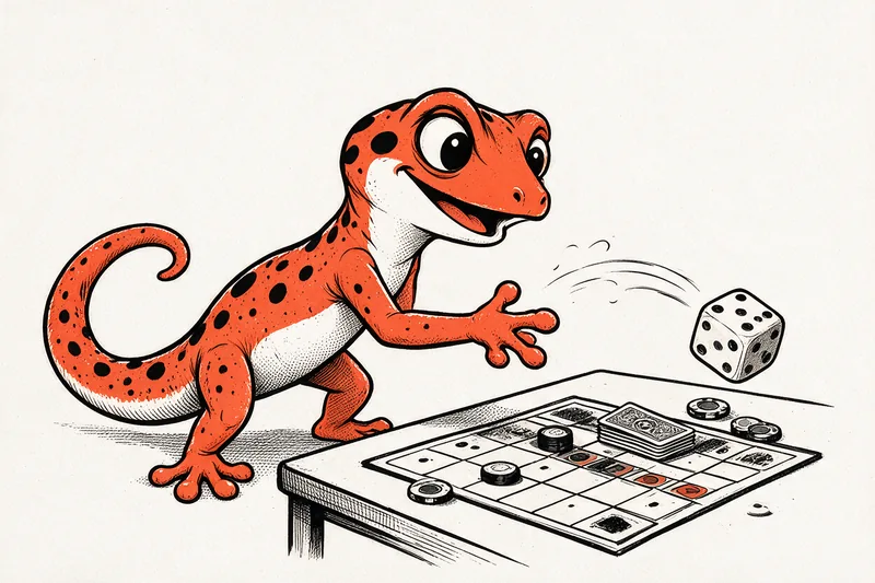 Le Gecko lance un dé au-dessus d’un jeu de société : plateau à cases, pions, jetons et pile de cartes, dessiné à l’encre noire et orange.