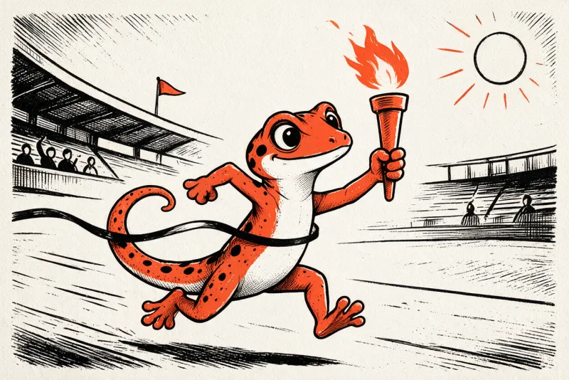 Le gecko sprinte sur une piste de stade en brandissant une torche à flamme orange, un ruban d'arrivée noir brisé derrière lui, avec des tribunes, un fanion et un soleil orange, en linogravure noire et orange sur fond ivoire.