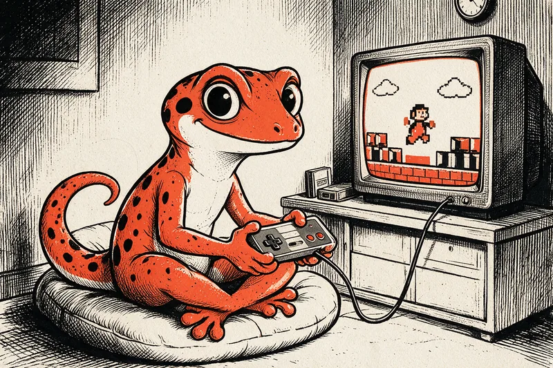 Un gecko orange assis sur un coussin tient une manette de jeu branchée à une télévision rétro affichant une scène pixel-art, deux cartouches posées à côté.