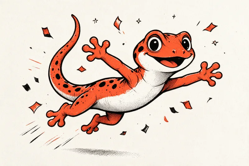 Le Gecko orange à la queue enroulée bondit de joie en plein vol, pattes tendues et bouche ouverte en rire, entouré de confettis et d'étoiles tramés à l'encre noire et orange sur fond ivoire.